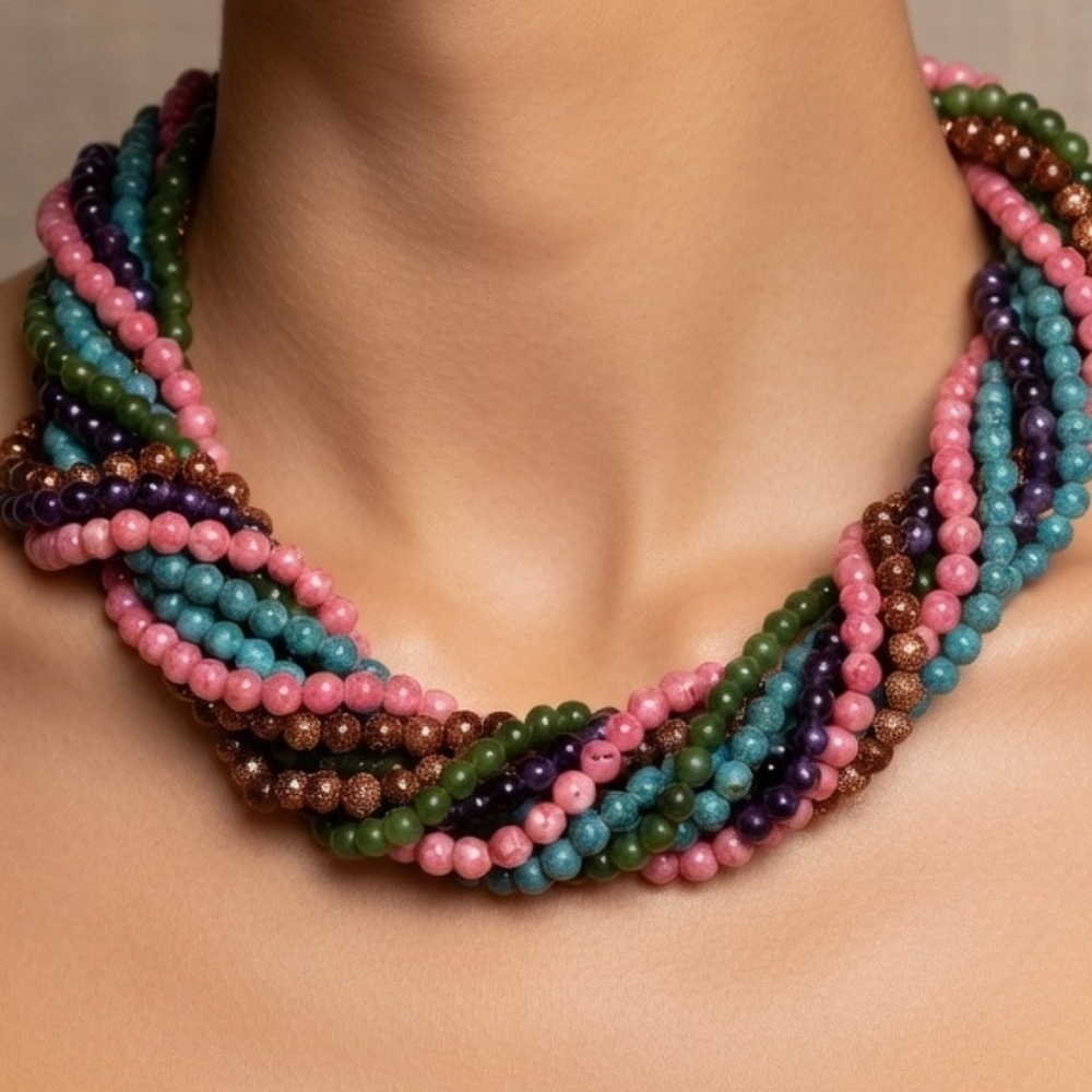 Multicolor Beaded Twisted Statement Necklace - Wo… - image 3
